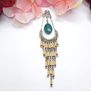 Vintage Sterling Silver Peacock Chrysocolla Stone & Bsmboo Wire Work Pendant